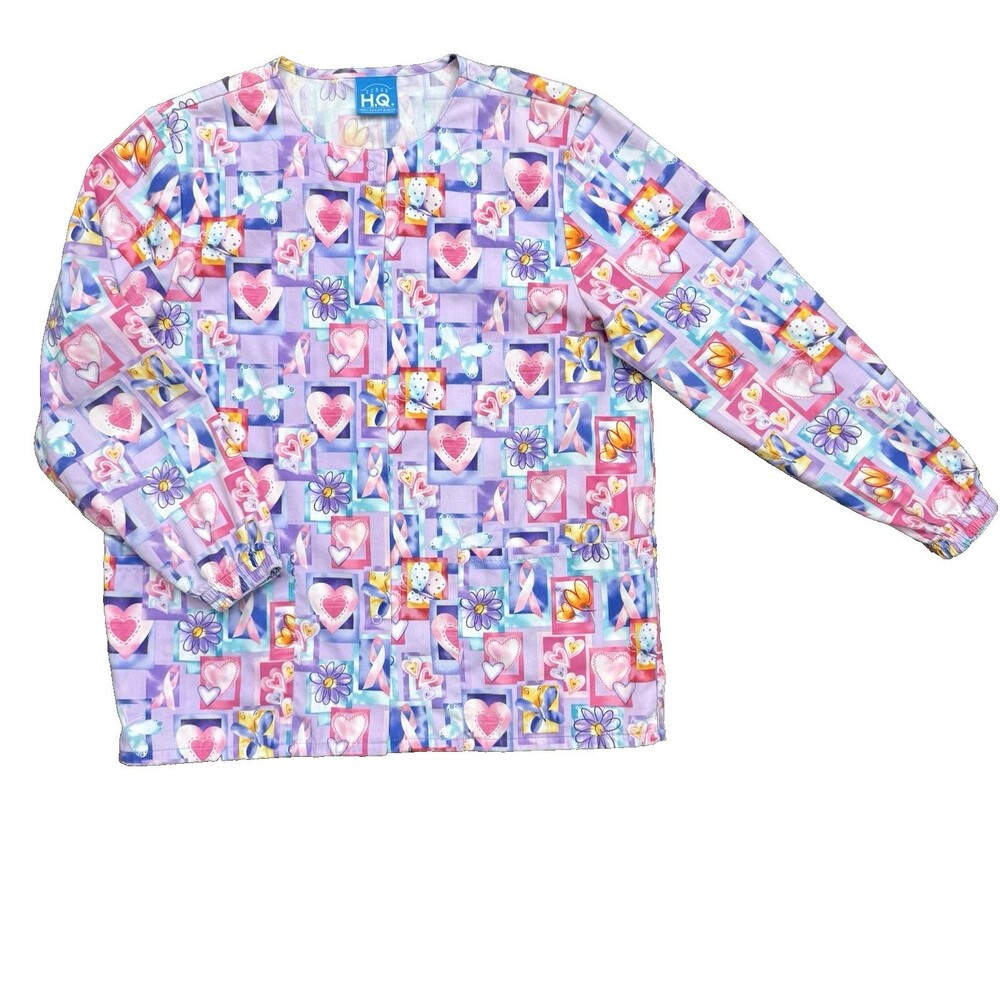 WOMENS SCRUBS JACKET Breast Cancer Scrubs Pink Ribbons Hearts Butterflies SIZE S
